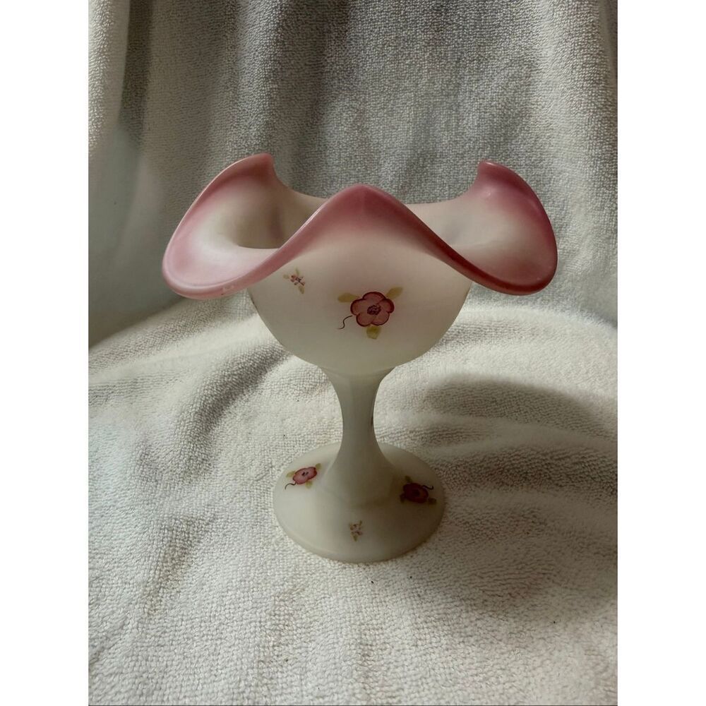 Fenton Glass Berries And Blossoms Custard Compote Hand Painted Vase Art Vintage